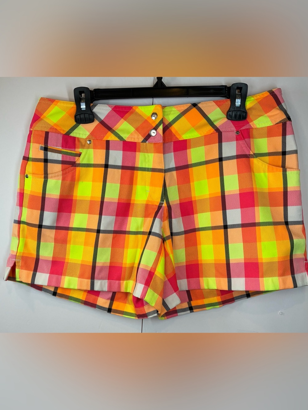 Slazenger Golf Plaid Shorts Bright Neon Orange Yellow Pink Size 10